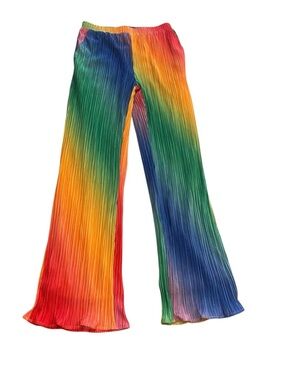 Dressed in Lala Prismatic Rainbow Plisse Wide-Leg Pants Stretch Waist New M